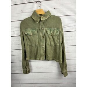 Bagatelle Collection Olive Green Waffle Knit Cropped Shacket Jacket Womens Small